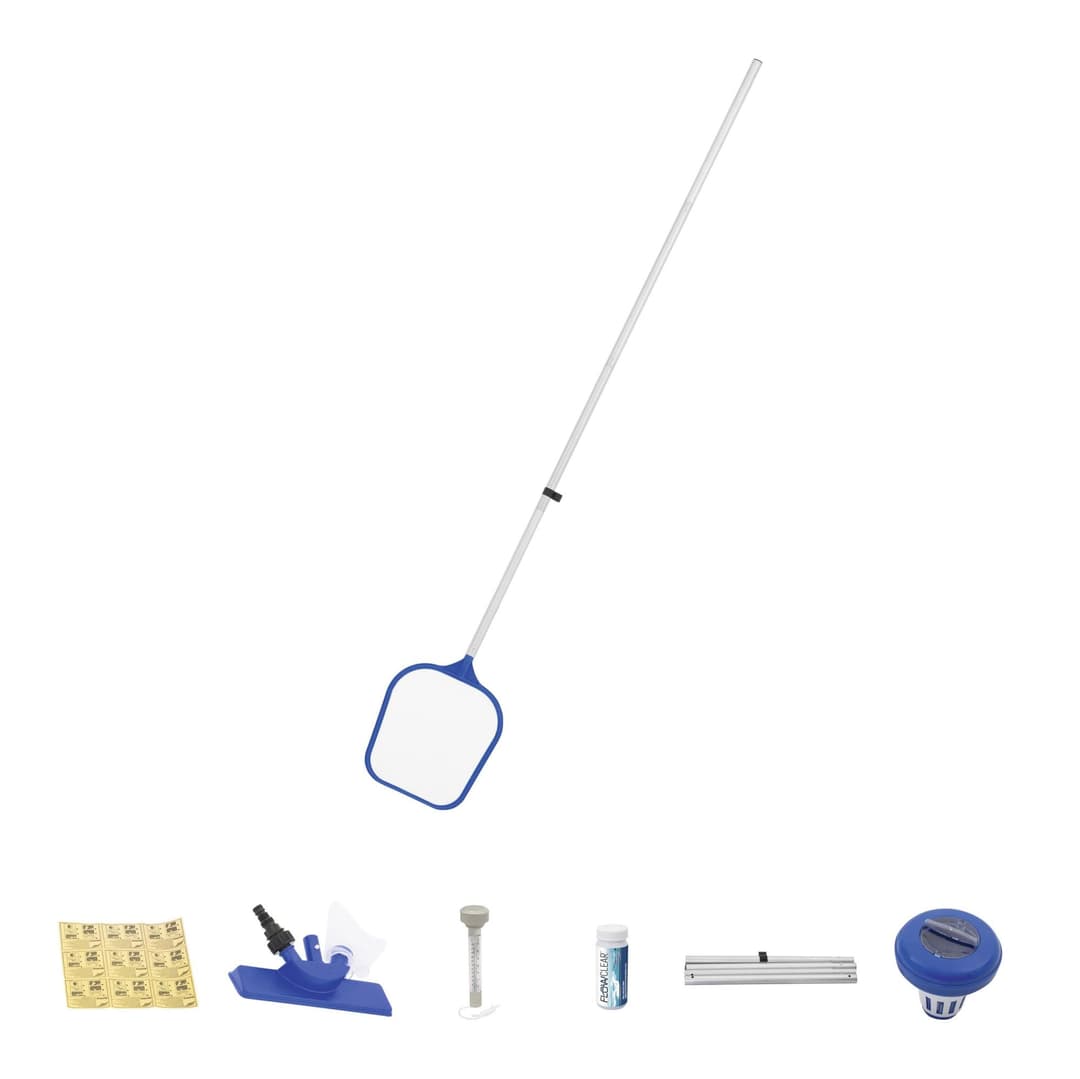 Accessoires Piscine Kit d'entretien pour piscines hors sol 6 pièces, épuisette, doseur flottant, thermomètre flottant, bandelettes de test, patch de réparation, manche alu 203 cm Bestway 2